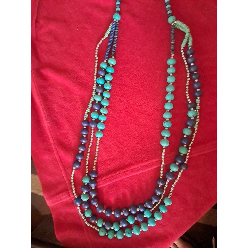 Lapis Lazuli And Turquoise Colored Round Bead Long 3 Strand Necklace  W/Earrings